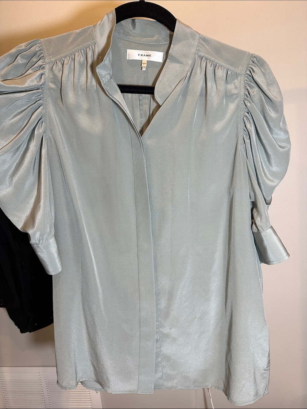 Frame Denim Light Sage Satin Puff Sleeve Blouse